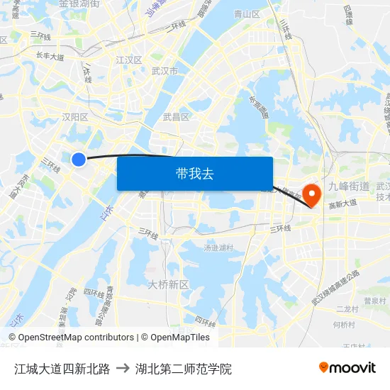 江城大道四新北路 to 湖北第二师范学院 map