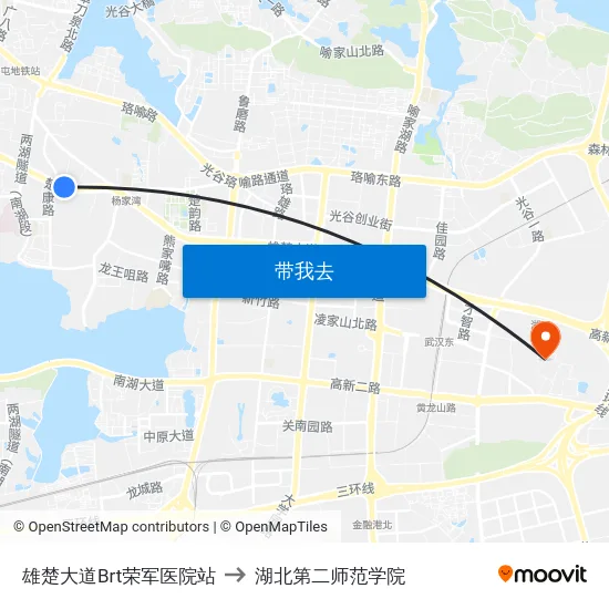 雄楚大道Brt荣军医院站 to 湖北第二师范学院 map