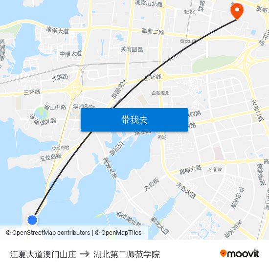 江夏大道澳门山庄 to 湖北第二师范学院 map