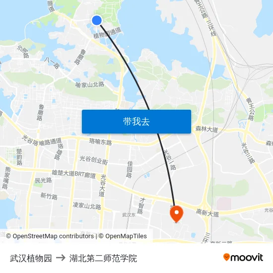 武汉植物园 to 湖北第二师范学院 map