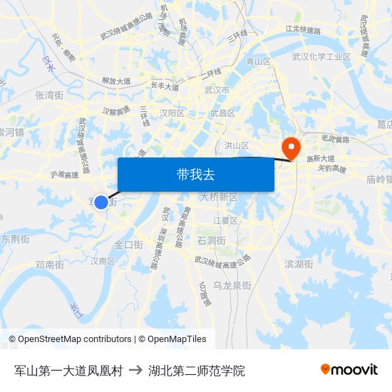 军山第一大道凤凰村 to 湖北第二师范学院 map