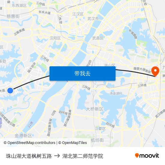 珠山湖大道枫树五路 to 湖北第二师范学院 map