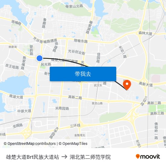 雄楚大道Brt民族大道站 to 湖北第二师范学院 map