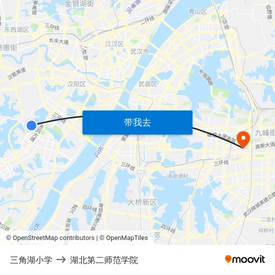 三角湖小学 to 湖北第二师范学院 map