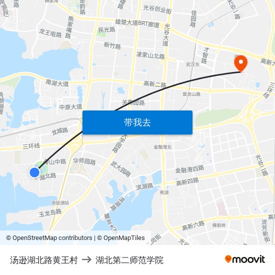 汤逊湖北路黄王村 to 湖北第二师范学院 map