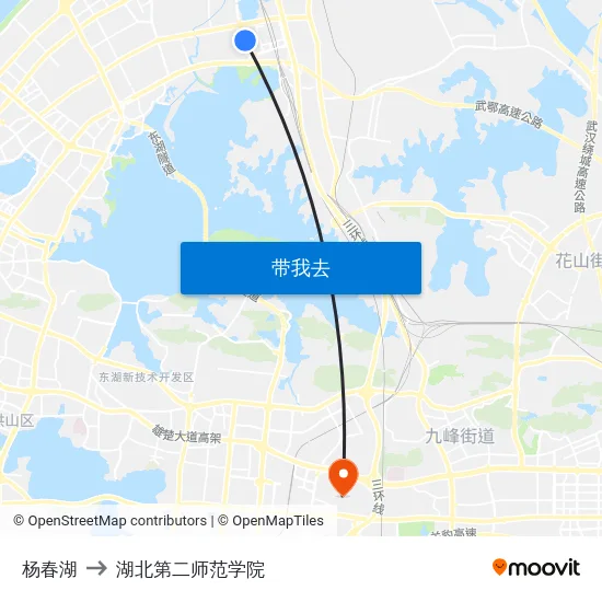 杨春湖 to 湖北第二师范学院 map