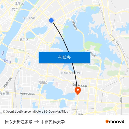 徐东大街汪家墩 to 中南民族大学 map