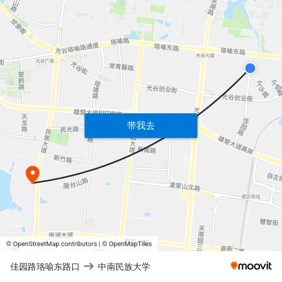 佳园路珞喻东路口 to 中南民族大学 map