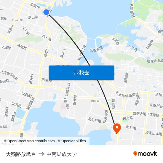 天鹅路放鹰台 to 中南民族大学 map