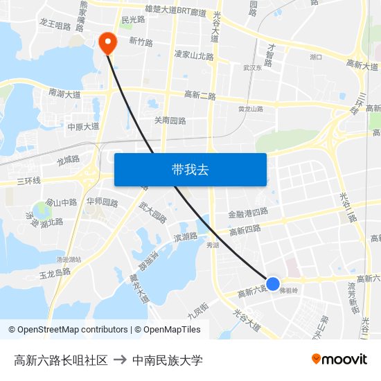 高新六路长咀社区 to 中南民族大学 map