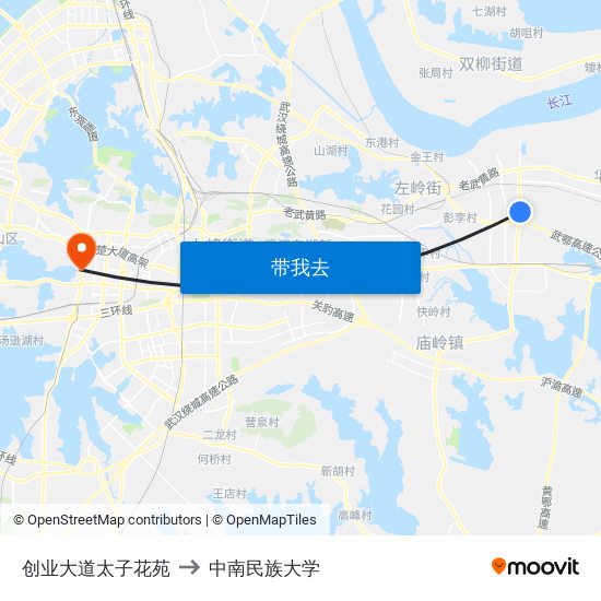 创业大道太子花苑 to 中南民族大学 map