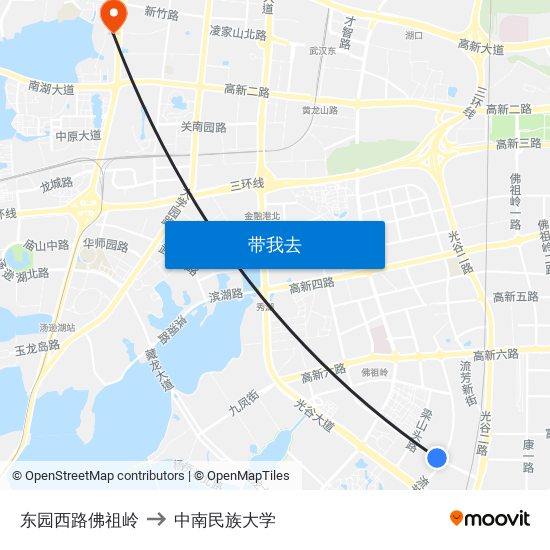东园西路佛祖岭 to 中南民族大学 map