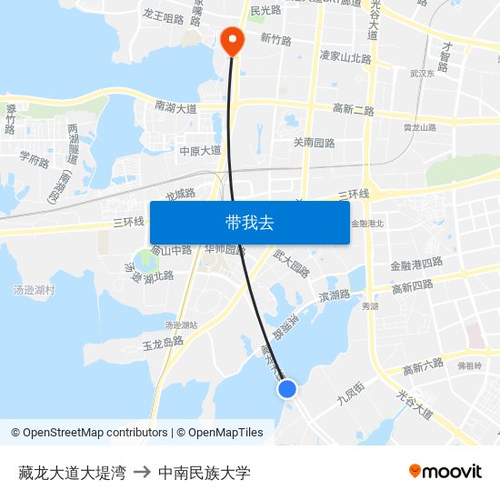 藏龙大道大堤湾 to 中南民族大学 map