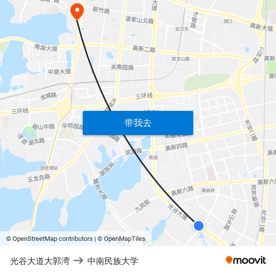 光谷大道大郭湾 to 中南民族大学 map