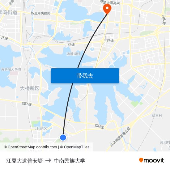 江夏大道普安塘 to 中南民族大学 map