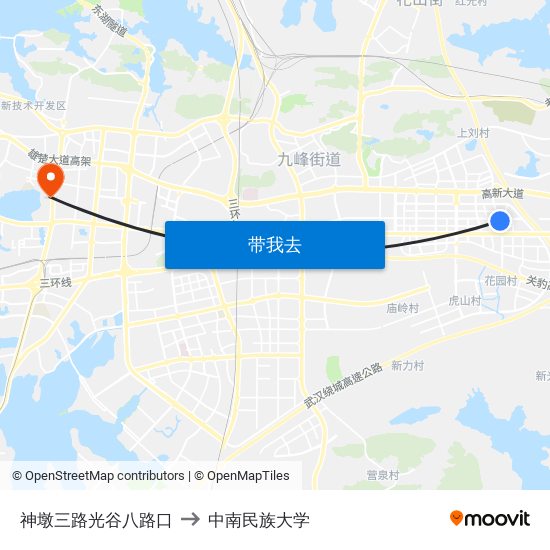 神墩三路光谷八路口 to 中南民族大学 map