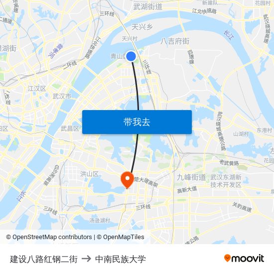 建设八路红钢二街 to 中南民族大学 map