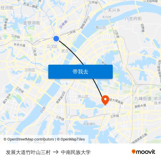 发展大道竹叶山三村 to 中南民族大学 map