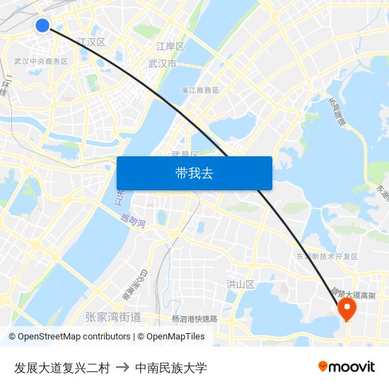 发展大道复兴二村 to 中南民族大学 map