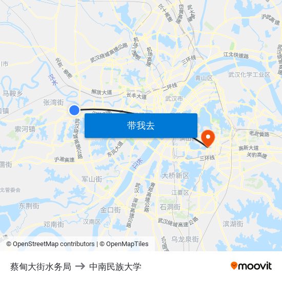 蔡甸大街水务局 to 中南民族大学 map