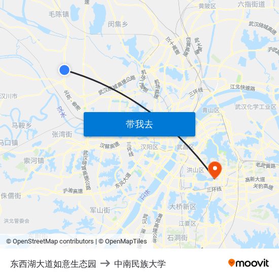 东西湖大道如意生态园 to 中南民族大学 map