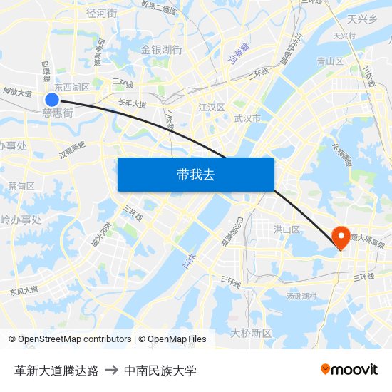 革新大道腾达路 to 中南民族大学 map