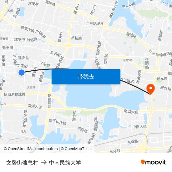 文馨街藩息村 to 中南民族大学 map