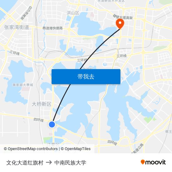 文化大道红旗村 to 中南民族大学 map