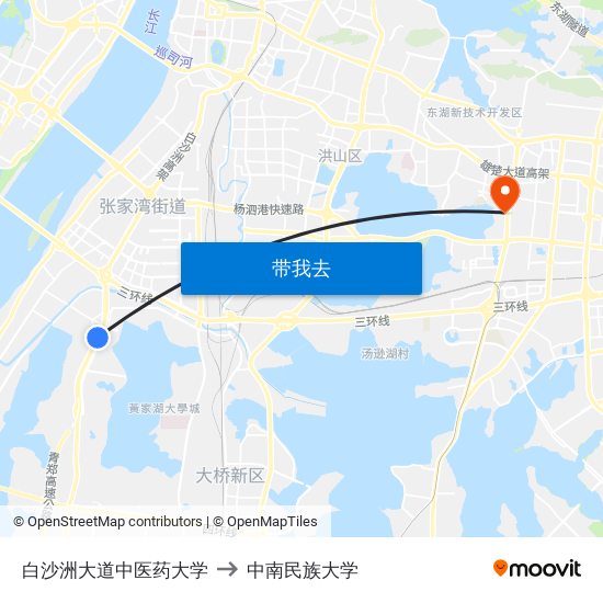 白沙洲大道中医药大学 to 中南民族大学 map