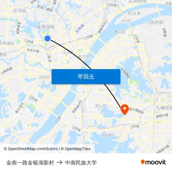 金南一路金银湖新村 to 中南民族大学 map