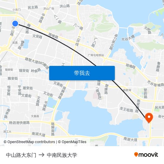 中山路大东门 to 中南民族大学 map