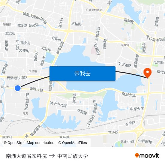 南湖大道省农科院 to 中南民族大学 map