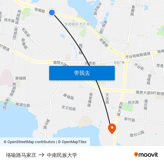 珞喻路马家庄 to 中南民族大学 map