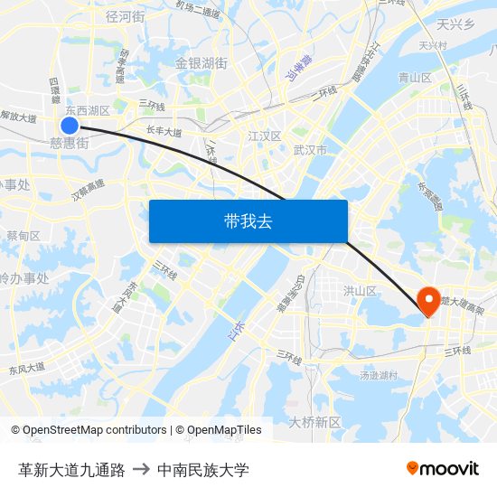 革新大道九通路 to 中南民族大学 map