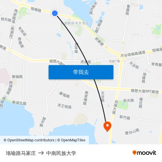 珞喻路马家庄 to 中南民族大学 map