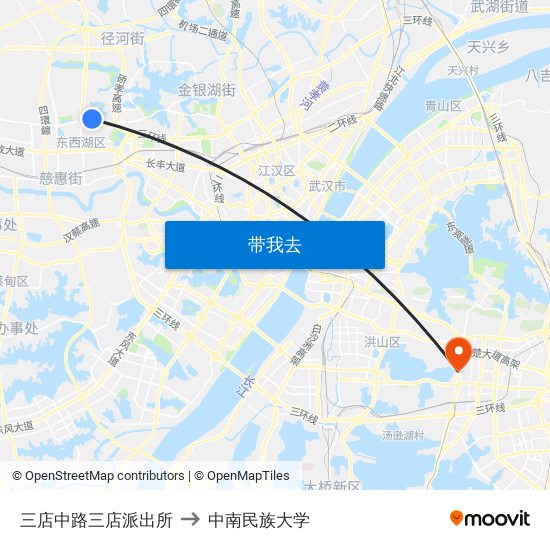 三店中路三店派出所 to 中南民族大学 map