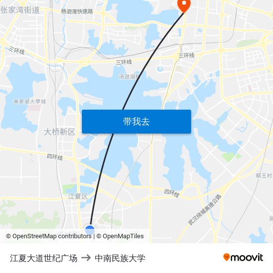 江夏大道世纪广场 to 中南民族大学 map