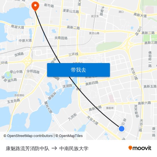 康魅路流芳消防中队 to 中南民族大学 map