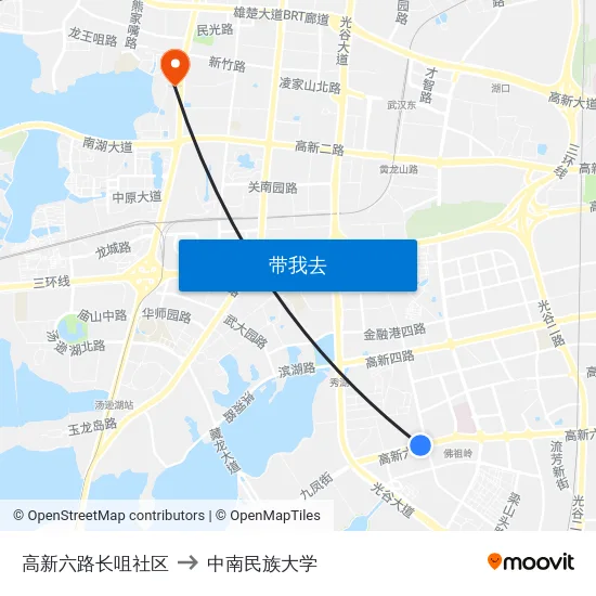 高新六路长咀社区 to 中南民族大学 map