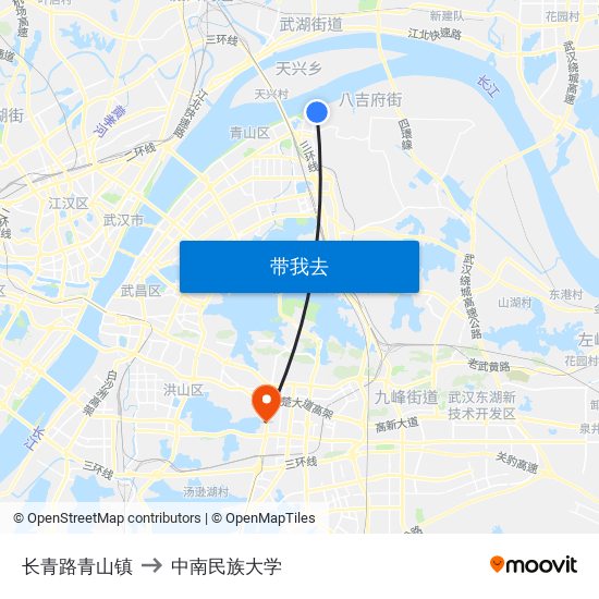 长青路青山镇 to 中南民族大学 map