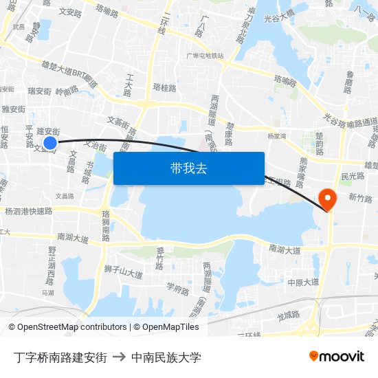 丁字桥南路建安街 to 中南民族大学 map