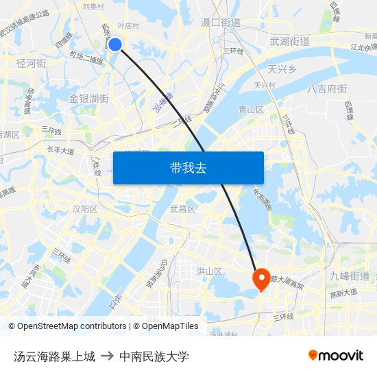 汤云海路巢上城 to 中南民族大学 map