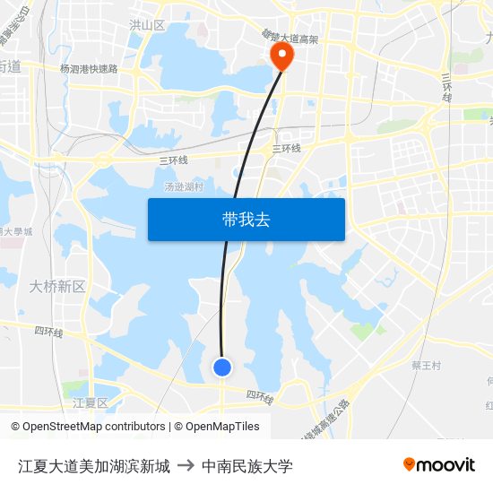 江夏大道美加湖滨新城 to 中南民族大学 map