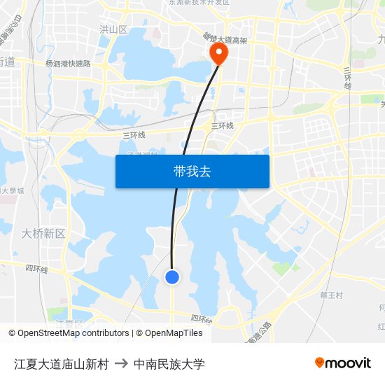 江夏大道庙山新村 to 中南民族大学 map