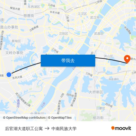 后官湖大道职工公寓 to 中南民族大学 map