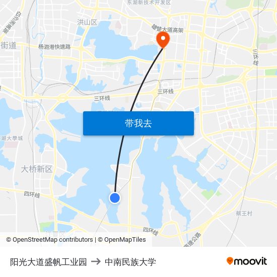 阳光大道盛帆工业园 to 中南民族大学 map