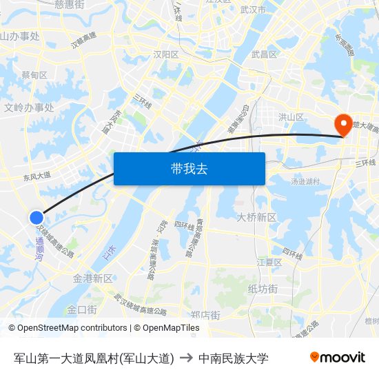 军山第一大道凤凰村(军山大道) to 中南民族大学 map