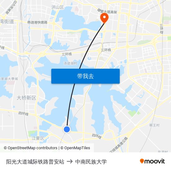 阳光大道城际铁路普安站 to 中南民族大学 map