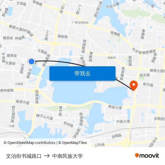 文治街书城路口 to 中南民族大学 map