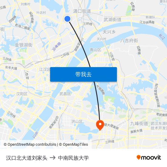 汉口北大道刘家头 to 中南民族大学 map